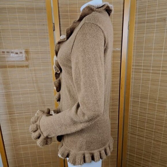 Baby Alpaca Sweater Womens L Beige Brown Ruffled Long Sleeve Cardigan Peru Fibra - Picture 3 of 10